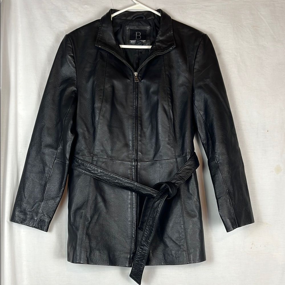 B by Bernardo Black Leather Coat with Belt